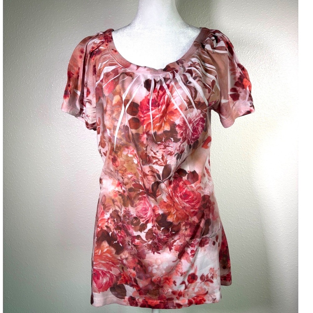Y2K Floral Rose Print Scoop Neck Pleated Blouse Pink Red Large BLEU Womens Girly
